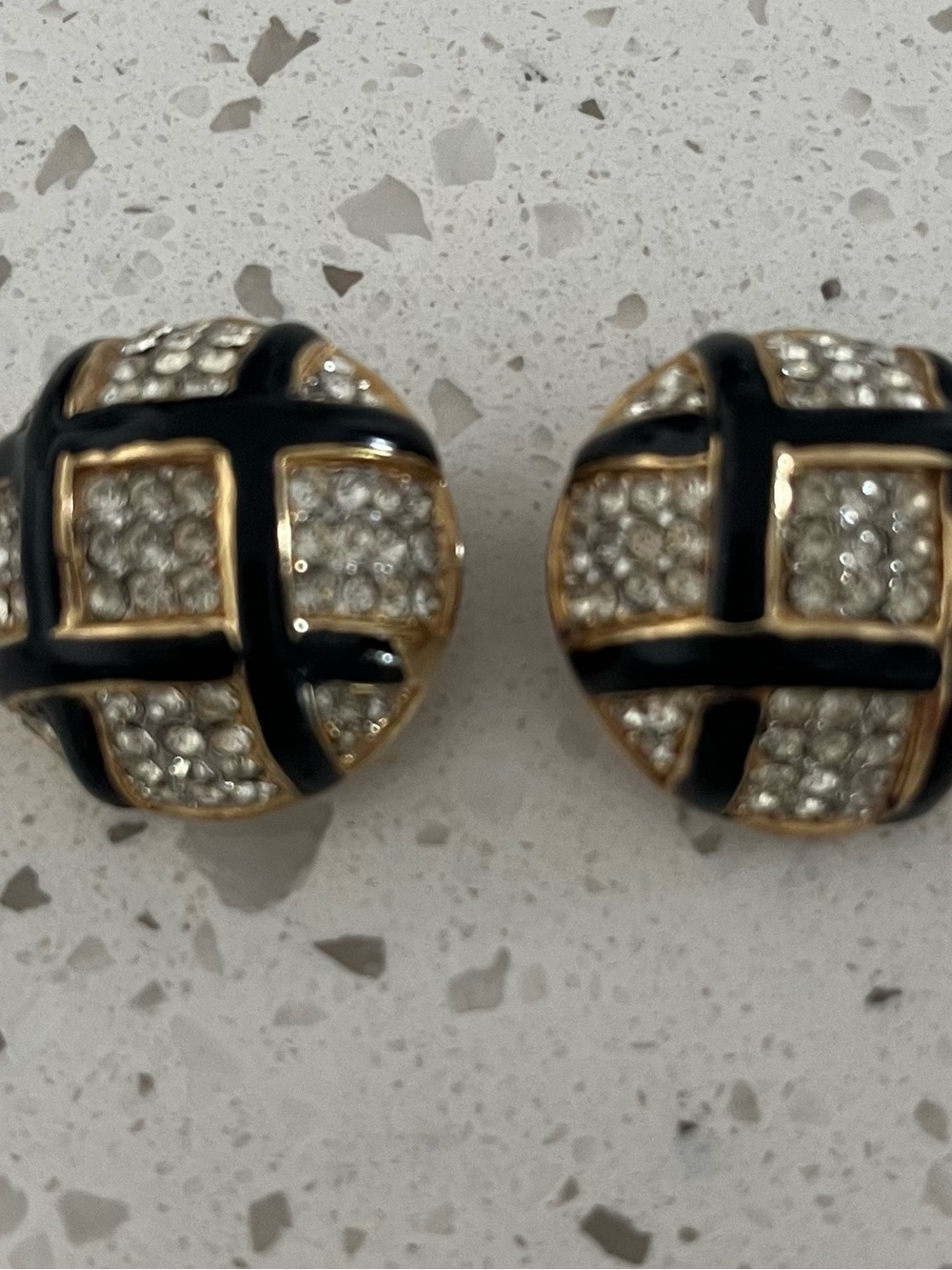 Gold-Tone Black Enamel & Rhinestone Grid Dome Earrings